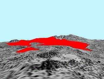 3-D map showing Sunset Crater in the foreground, San Francisco Peaks fire size illustrated in red.