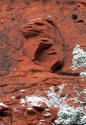 Eagle head carved by Hopi ancestors long ago here in Sedona area. Seen here with snow on his eyebrow stoically watching.