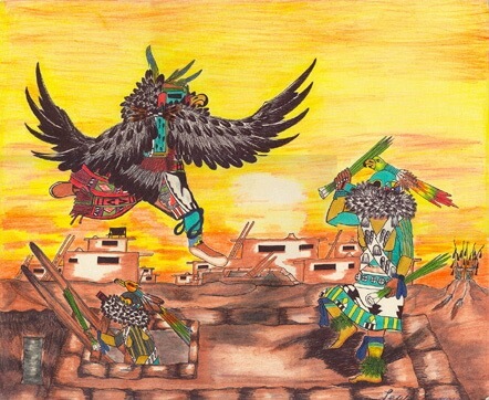 Eagle and Parrot Kachinas on roof of a Hopi kiva represents Kachinas which are spiritual essences