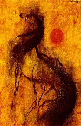 Painting of horse looking up and orange sun represents spirit horse, medicine animal, mystic vision retreat
