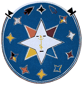 Circle emble with 6 point star in center and 12 stars on our rim. Symbolizes the cycle of the year, ceremony, connection with stars, balance and using ceremony to activate positive change