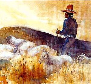 Navajo sheepherder on horseback painting. This represents clear focus and wisdom of people who work on the land.