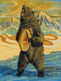 Painting of a Bear with a drum symbolizes spiritual helpers and power animals that connect with us during drum healing ceremony