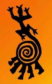 Lizard with spiral tail drawing symbolizes new creation and ceremony.