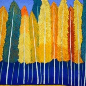 Fall colored feathers painting symbolizes Fall equinox programs, releasing the old and making way for new balance in ceremony and retreats.