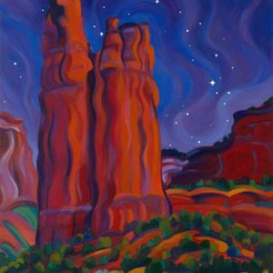 Painting of Spider Rock, Canyon de Chelly at night with stars overhead; symbolizes Navajo mystic vision spirit journey to Canyon de Chelly