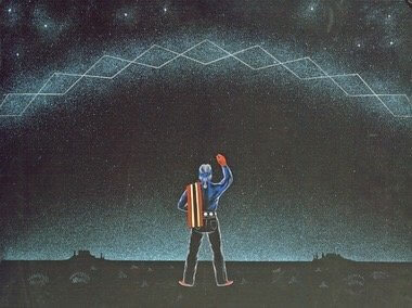 Navajo painting of of a man out on Navajoland doing dawn prayers under the Milky Way. Navajo people they know the patterns in the stars.