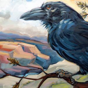 Painting of Raven sitting on a branch overlooking a rugged red canyon. This symbolizes the expansion of consciousness the comes from nature mysticism practices.