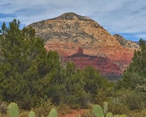 View of Thunder Mountain and Chimney Rock, Sedona from a scenic overlook where we do circles and outdoor seminars.